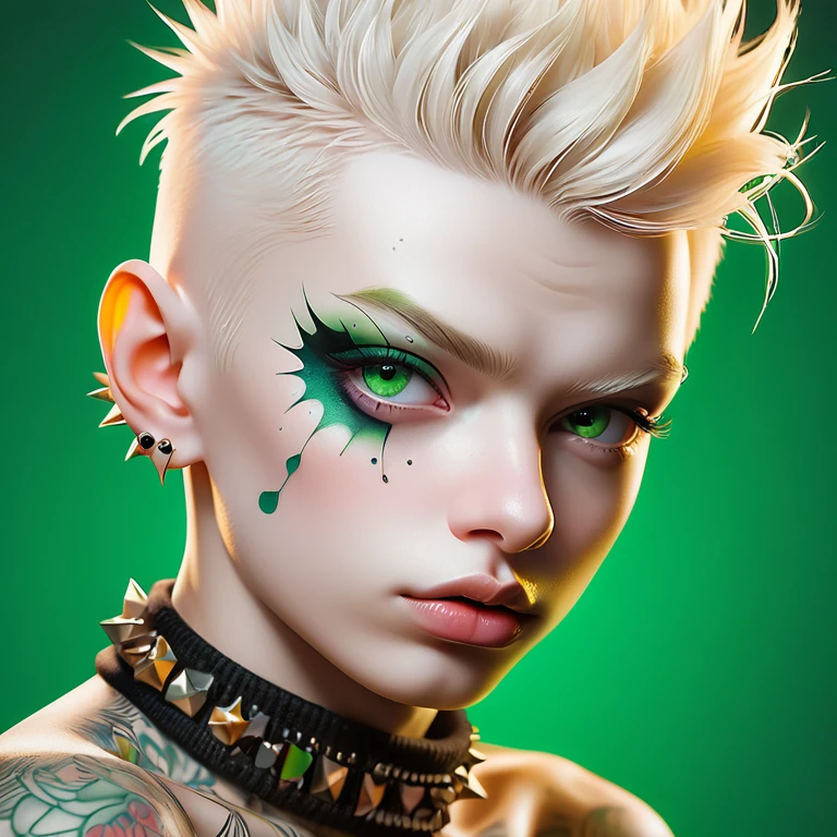 
 Alberto Seveso style portrait of a cute Russian boy , best quality, Super detailed,   Photorealistic  , white colors, albino, punk boy , school heartthrob !  detailed eyes ,  upper body , Luxurious Punk Hair, Avant-garde punk fashion, Avant-garde makeup,   several piercings  ,  Gold jewelry ,Heavily tattooed body, 3D Colored Tattoos, Abstract background,  backlight  effect,  shallow depth of field , green background" meticulous,  analog style , emphasis on the eyes,  top quality,  very detailed skin,  photos of a very beautiful Russian punk , Perfectly cute face, skin pores,  penetration  , orange background, hips , clear focus, grainy lighting,  backlight  ,high film grain, сфотографирован камерой Sony A7R IV, 18мм F/1.7 cinema lenses,  very detailed, detailed finish , 8 thousand., HDR, front view,  upper body  .