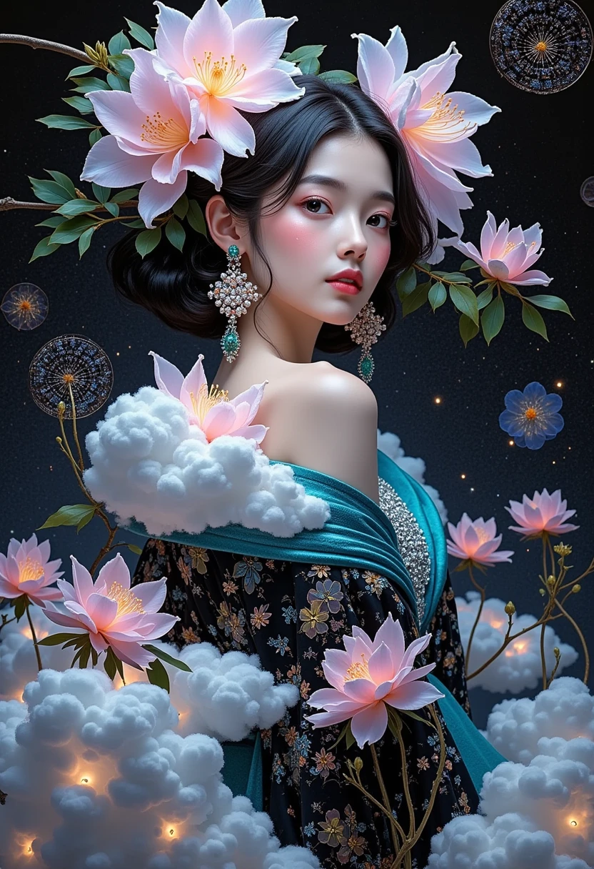 (masterpiece, best quality:1.2), 1girl, Mori Yukie, Dale Chihuly, fashion magazine cover, Wlop, Alphonse Mucha, Hsiao Ron Cheng, mineral pigment digital painting, textured matte, dark fantasy, new 3D ancient Chinese style, William Morris, Josef Frank, image of a rhododendron fairy with earrings in clouds, in the style of realistic yet romantic, fairycore, black paintings, baroque elegance, 32K uhd, exaggerated facial features, Chinese style lighting, 3D particles, Gustav Klimt, Sequins, bioluminescence, luminous particles, James Turrell, Nick Veasey, ultra high definition pixels, full body, film grain、 Japanese、lotus、Lotus