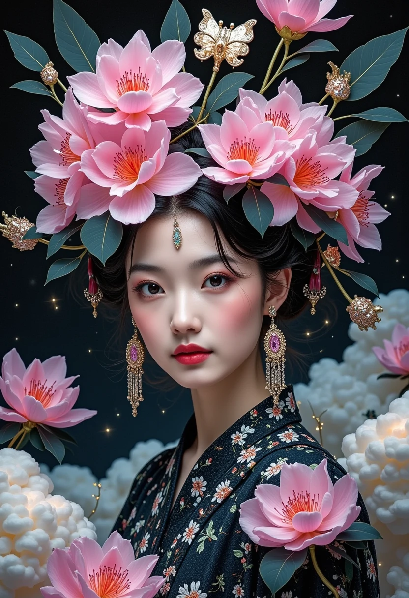 (masterpiece, best quality:1.2), 1girl, Mori Yukie, Dale Chihuly, fashion magazine cover, Wlop, Alphonse Mucha, Hsiao Ron Cheng, mineral pigment digital painting, textured matte, dark fantasy, new 3D ancient Chinese style, William Morris, Josef Frank, image of a rhododendron fairy with earrings in clouds, in the style of realistic yet romantic, fairycore, black paintings, baroque elegance, 32K uhd, exaggerated facial features, Chinese style lighting, 3D particles, Gustav Klimt, Sequins, bioluminescence, luminous particles, James Turrell, Nick Veasey, ultra high definition pixels, full body, film grain、 Japanese、lotus、Lotus