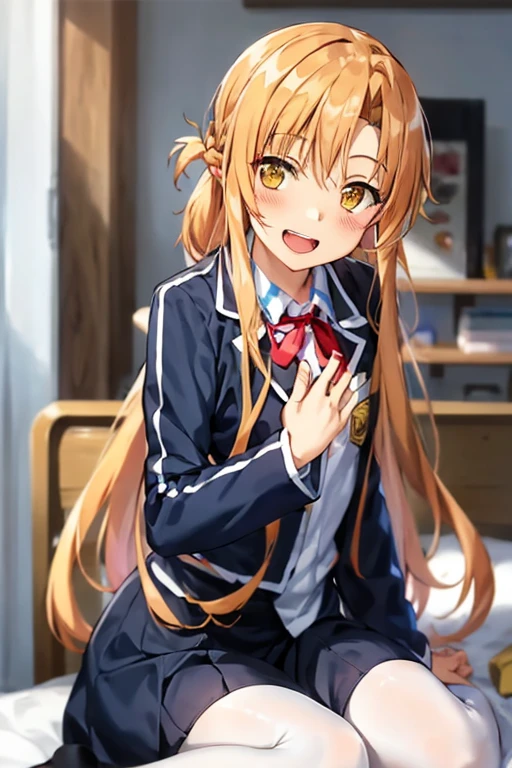 ((Best Quality)), ((masterpiece)), (be familiar with),  perfect face, indoor, bedroom,  watching viewers ,
One woman,  Asuna Yuki,
 characters with open mouth ,  ecstatic expression, blush, smile,
Small breasts,  flat chest, Young girl, Lori,  kids,  girl,
Long Hair,  long hair ,
Leg spread,