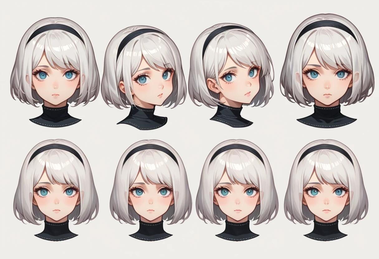 character sheet desing lady 2b from nier automata, only head. beauty face, perfect proportion, beauty, ultra detailed face. view: front view and orthogonal side view . (only head view) 2 views. beauty eyes. orthogonall views, no perspetive only orthogonal views. straight head, orthogonal view. symmetry. only 2 orthogonal views.