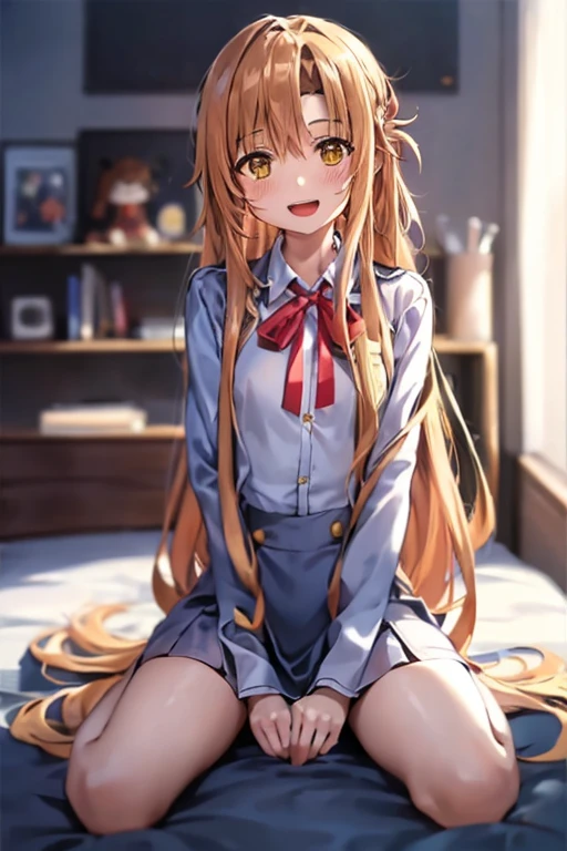 ((Best Quality)), ((masterpiece)), (be familiar with),  perfect face, indoor, bedroom,  watching viewers ,
One woman,  Asuna Yuki,
 characters with open mouth ,  ecstatic expression, blush, smile,
Small breasts,  flat chest, Young girl, Lori,  kids,  girl,
Long Hair,  long hair ,
Leg spread,