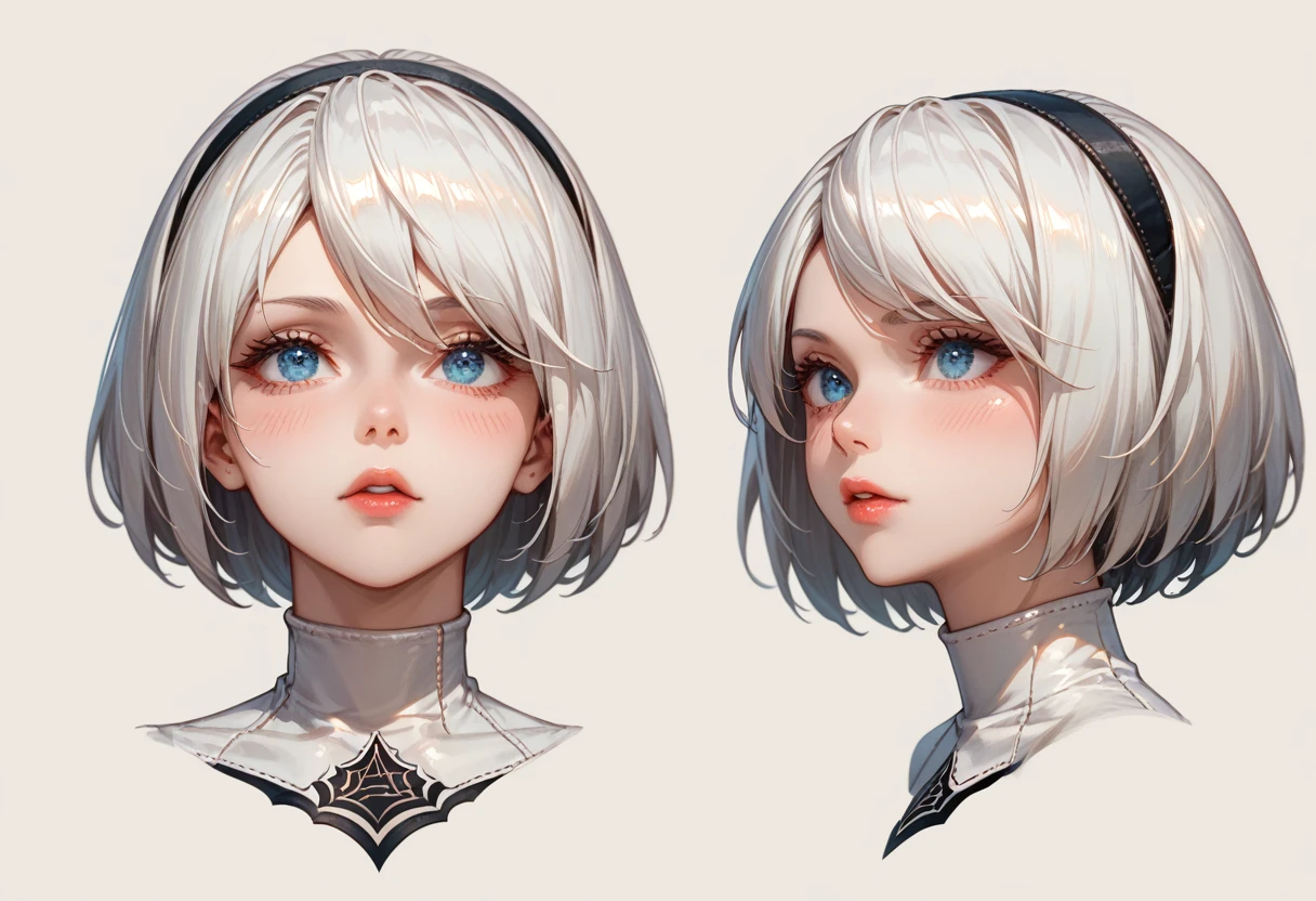 character sheet desing lady 2b from nier automata, only head. beauty face, perfect proportion, beauty, ultra detailed face. view: front view and orthogonal side view . (only head view) 2 views. beauty eyes. orthogonall views, no perspetive only orthogonal views. straight head, orthogonal view. symmetry. only 2 orthogonal views. 3d style 