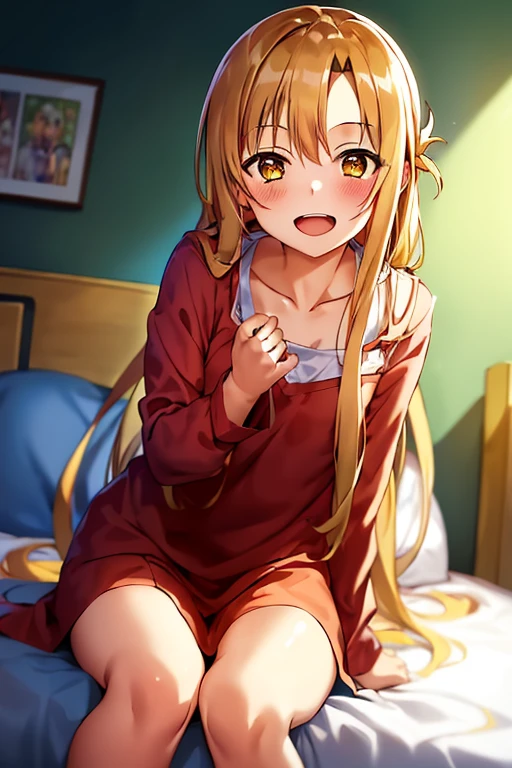 ((Best Quality)), ((masterpiece)), (be familiar with),  perfect face, indoor, bedroom,  watching viewers ,
One woman,  Asuna Yuki,
 characters with open mouth ,  ecstatic expression, blush, smile,
Small breasts,  flat chest, Young girl, Lori,  kids,  girl,
Long Hair,  long hair ,
Leg spread,