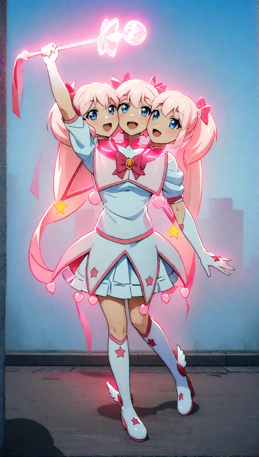 (masterpiece, best quality), best resolution, 16k, full body shot, perspective view, (mahou shoujo, magical girl), 1girl, solo, (three heads: 1.5), young girl, holding a crystal magic wand, clean thick and thin lines, (magical girl style), twin tails, ribbons, shine sparkles, glow, (magical effects, star sparkles), wings on shoes, anime cinematic, soft lighting, vibrant colors, soft colors, digital painting, highly detailed, (bright lighting, detailed shadow), standing on the floor, blue sky, school building background