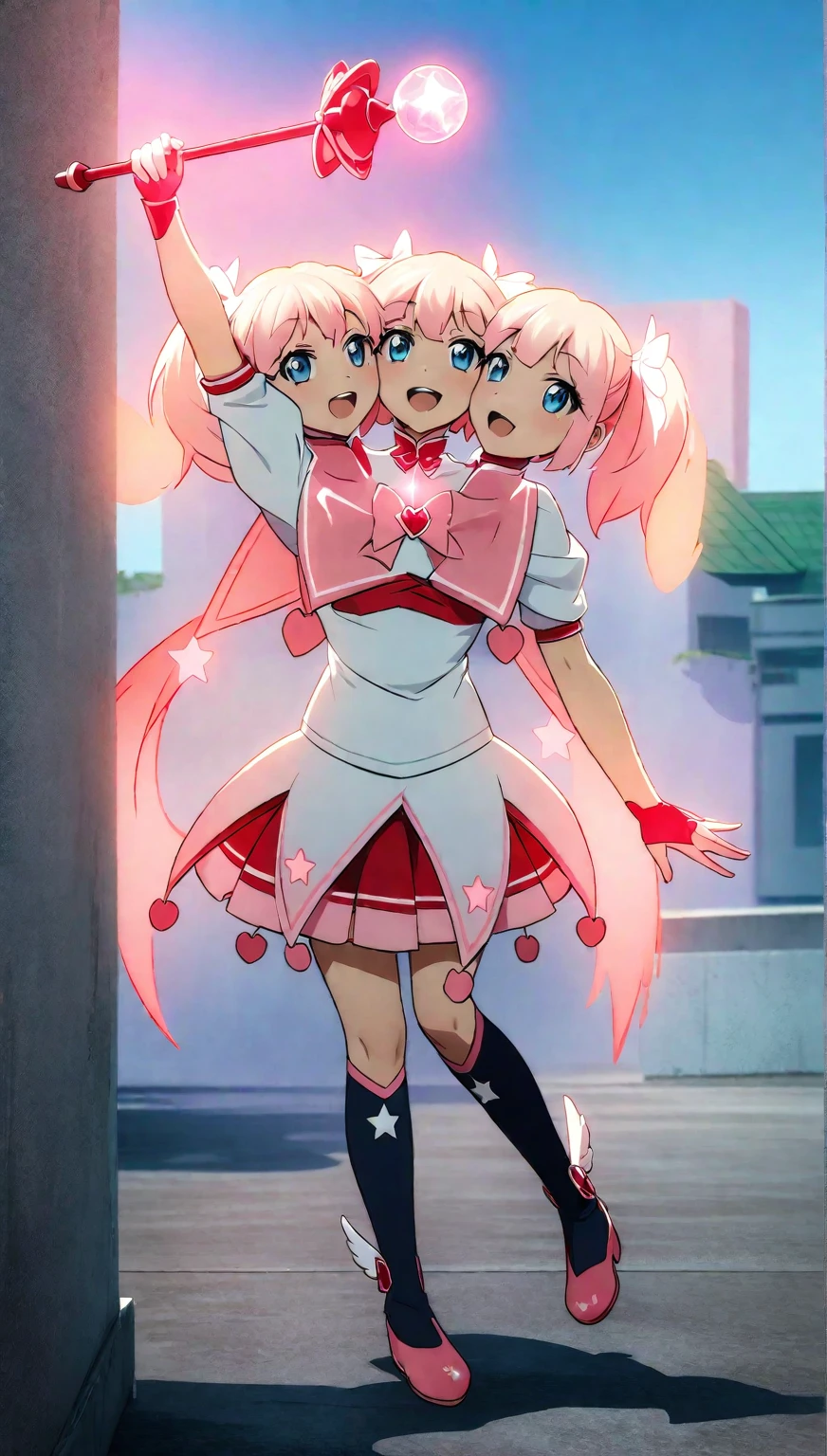 (masterpiece, best quality), best resolution, 16k, full body shot, perspective view, (mahou shoujo, magical girl), 1girl, solo, (three heads: 1.5), young girl, holding a crystal magic wand, clean thick and thin lines, (magical girl style), twin tails, ribbons, shine sparkles, glow, (magical effects, star sparkles), wings on shoes, anime cinematic, soft lighting, vibrant colors, soft colors, digital painting, highly detailed, (bright lighting, detailed shadow), standing on the floor, blue sky, school building background