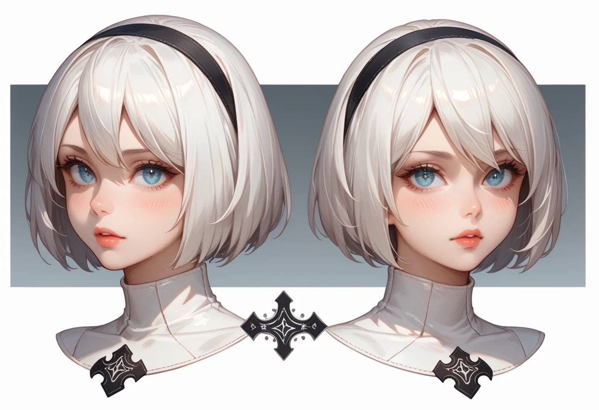 character sheet desing lady 2b from nier automata, only head. beauty face, perfect proportion, beauty, ultra detailed face. view: front view and orthogonal side view . (only head view) 2 views. beauty eyes. orthogonall views, no perspetive only orthogonal views. straight head, orthogonal view. symmetry. only 2 orthogonal views. 3d style orthogonal views.