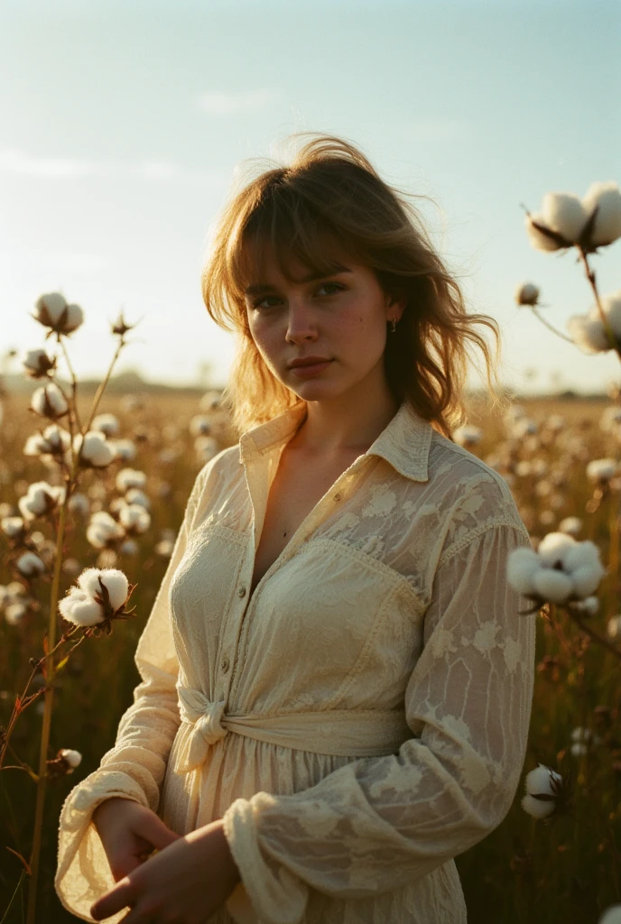 Poetic photo style, shot on mamiya R67 camera film with wide lens, dramatic portrait shot from A pretty young ukrainian women with naughty warm expression among the cotton flowers flying around in wild meadow, lace sensual shirt dress, huge breast, beautiful eyes, sensual fashion pose, reality of life, messy bangs hairstyle, windy, in motion blur, summer, dark moody, dramatic sunlight and shadow on her, Kodak cinestill 800 film looks, ultra highly detailed, film bokeh, trending on instagram