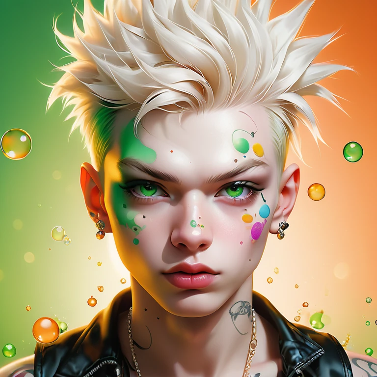 
 Alberto Seveso style portrait of a cute Russian boy , best quality, Super detailed,   Photorealistic  , white colors, albino, punk boy , school heartthrob !  detailed eyes ,  upper body , Luxurious Punk Hair, Avant-garde punk fashion, Avant-garde makeup,   several piercings  ,  Gold jewelry ,Heavily tattooed body, 3D Colored Tattoos, Abstract background,  backlight  effect,  shallow depth of field , green background" meticulous,  analog style , emphasis on the eyes,  top quality,  very detailed skin,  photos of a very beautiful Russian punk , Perfectly cute face, skin pores,  penetration  , orange background, colorful sparkling bubbles in the background, clear focus, grainy lighting,  backlight  ,high film grain, сфотографирован камерой Sony A7R IV, 18мм F/1.7 cinema lenses,  very detailed, detailed finish , 8 thousand., HDR, front view,  upper body  .