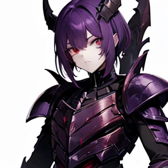 1male, high res, high detail, masterpiece, dark and  purple and white exoskeleton, tyranid, warhammer 40k, human face, bug hybrid, red eyes, white skin, dark purple head crest, purple hair, long tail with a stinger, spikes, claws, boy,  perfect face