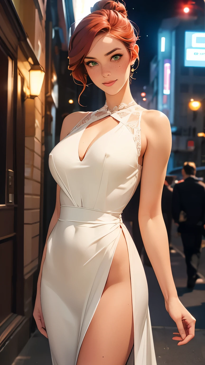 Woman, americana, Age 25, nsfw, pale skin and freckles, green eyes, delicate nose, soft and delicate lips, far away, red orange hair in a double bun, large smile, face with delicate feminine facial features, highly rendered face, tight sleeveless low-cut evening dress. nipple outline visible. City at night.