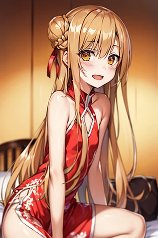 ((Best Quality)), ((masterpiece)), (be familiar with),  perfect face, indoor, bedroom,  watching viewers ,
One woman,  Asuna Yuki,
 characters with open mouth ,  ecstatic expression, blush, smile,
Small breasts,  flat chest, Young girl, Lori,  kids,  girl,
Long Hair,  long hair ,
Leg spread,