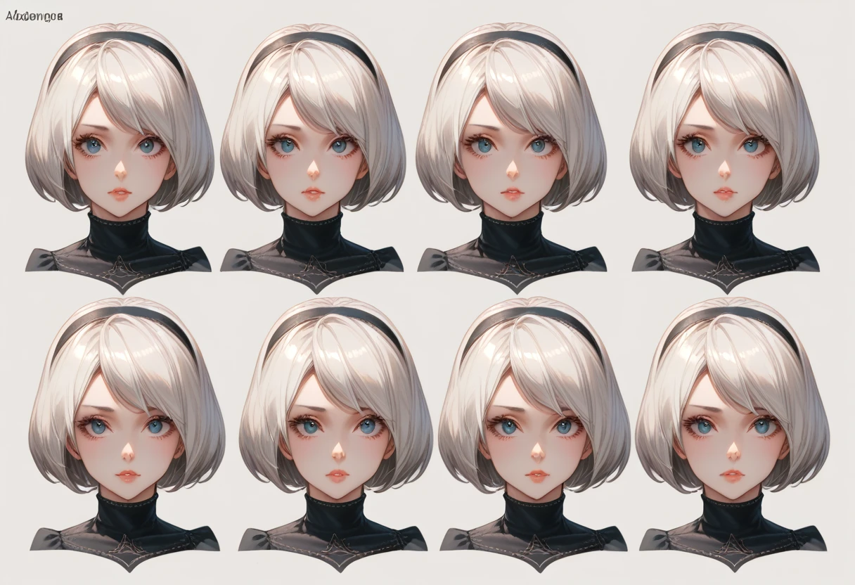 character sheet desing lady 2b from nier automata, only head. beauty face, perfect proportion, beauty, ultra detailed face. view: front view and orthogonal side view . (only head view) 2 views. beauty eyes. orthogonall views, no perspetive only orthogonal views. straight head, orthogonal view. symmetry. only 2 orthogonal views. 3d mature  model style orthogonal views.