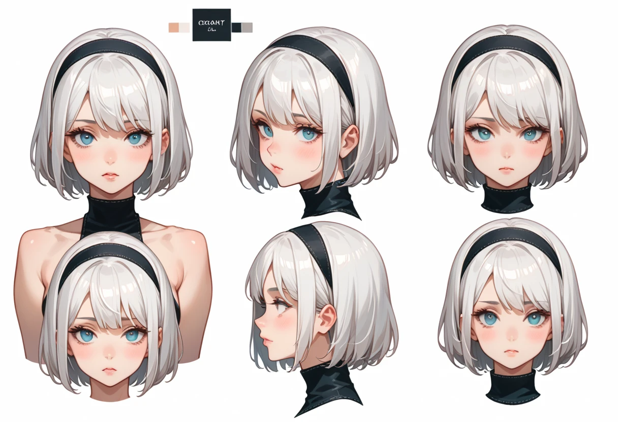 character sheet desing lady 2b from nier automata, only head. beauty face, perfect proportion, beauty, ultra detailed face. view: front view and back view . (only head view) 2 views. beauty eyes. orthogonal views, no perspetive only orthogonal views. straight head, orthogonal view. symmetry. only 2 views.