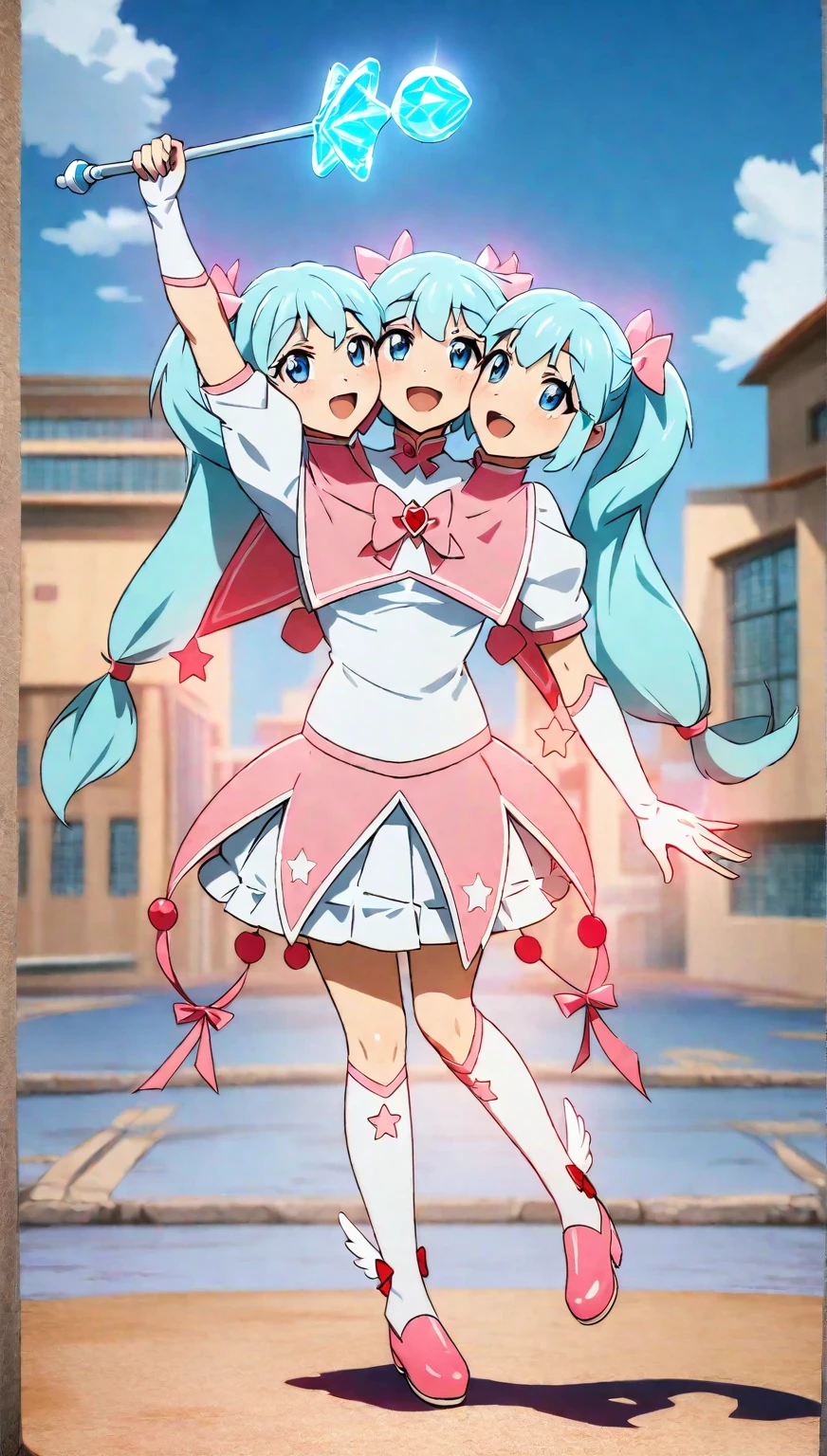 (masterpiece, best quality), best resolution, 16k, full body shot, perspective view, (mahou shoujo, magical girl), 1girl, solo, (three heads: 1.5), young girl, holding a crystal magic wand, clean thick and thin lines, (magical girl style), twin tails, ribbons, shine sparkles, glow, magical effects, star sparkles, wings on shoes, anime cinematic, soft lighting, vibrant colors, soft colors, digital painting, highly detailed, (bright lighting, detailed shadow), standing on the floor, blue sky, school building background