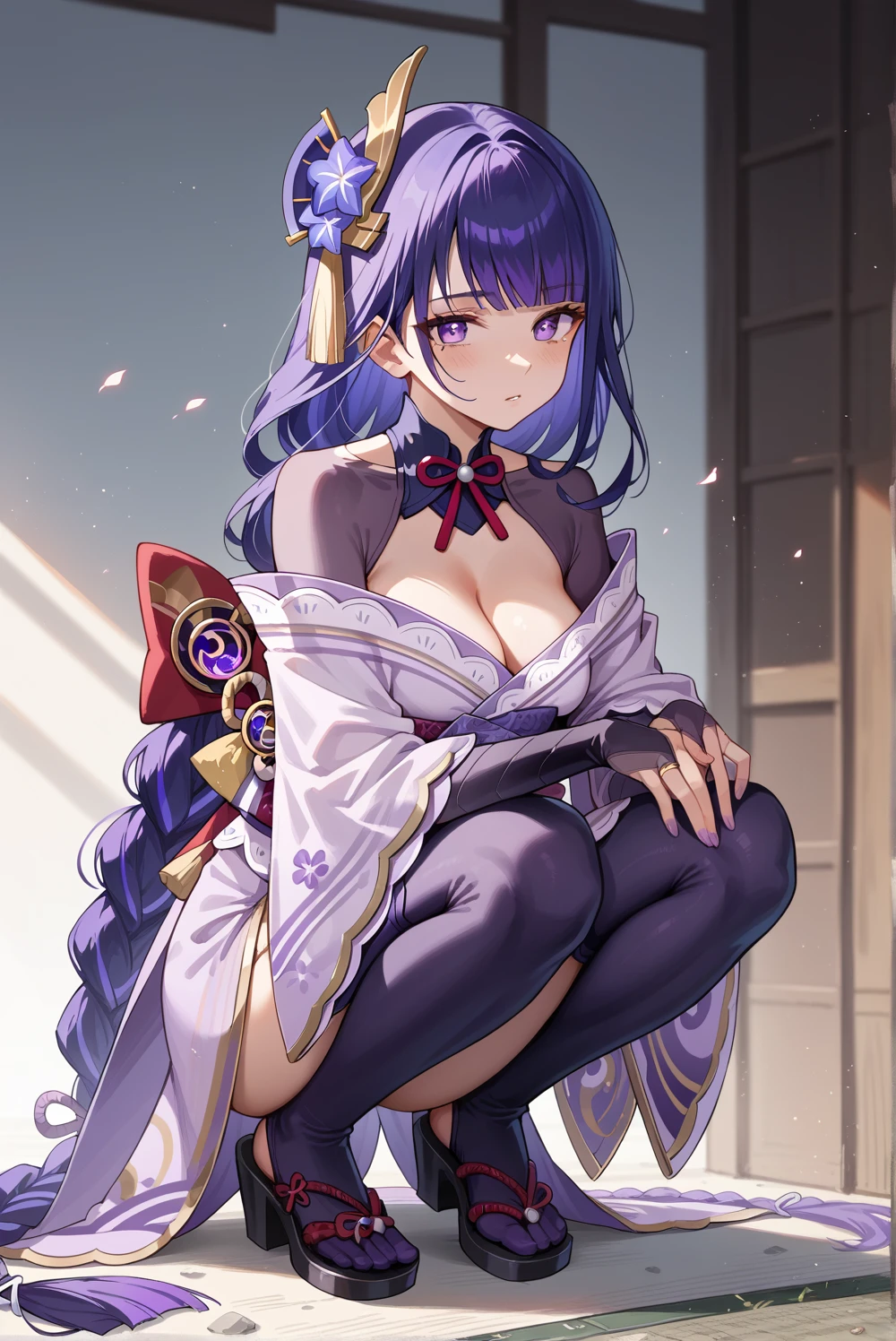 masterpiece, best quality, highres, aamikoto, low twintails, crescent hair ornament, bow, purple ribbon, short eyebrows, fang, off shoulder, purple kimono, short kimono, cleavage, sleeves past wrists, obi, sash, thigh strap, cowboy shot, standing, outdoors, smile, arms at sides, straight-on,(((nsfw,lift skirt))),looking viewer,