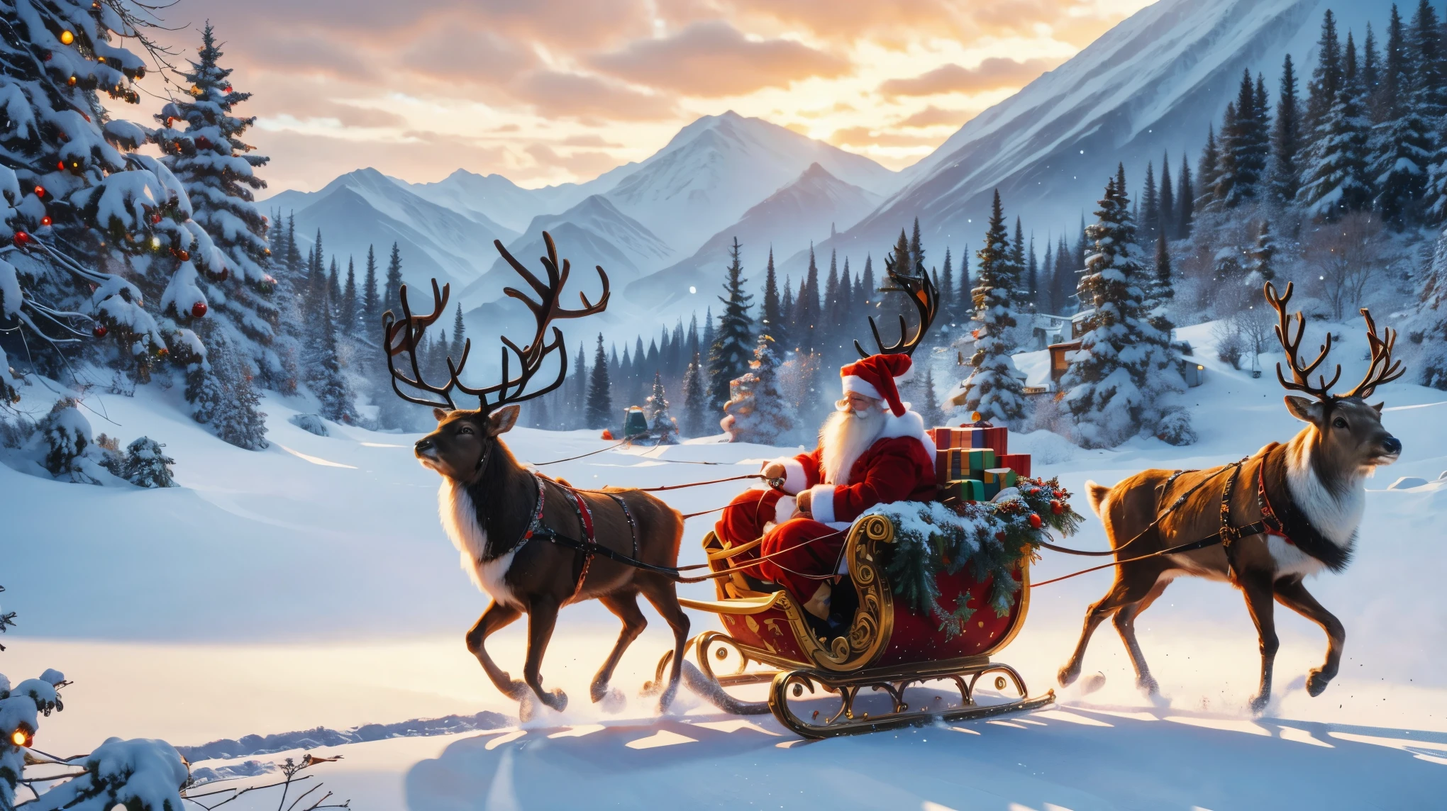  Three reindeer pulling Santa sitting on the sleigh，圣诞老人拿着Christmas gift ，Christmas wreath、 Decorate the sleigh with greenery and red bows ，In the snow， are surrounded by cedars 、snowman、Christmas gift 、Christmas candy、Candy canes ，Oil painting style， high definition ，High image quality，wallpaper，8k