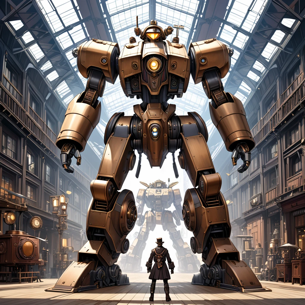 ( best quality)), ((masterpiece)),full body,A giant steampunk robot is standing facing the front。