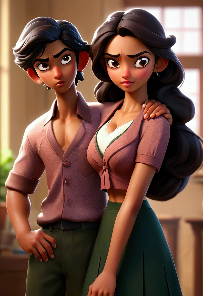 closeup, realistic, uhd image, rich indian brother and indian sister come back from school and have secret affair, cleavage seen, open shirt, ((cute bra)), brother squeezing sister's breast, big soft breast, squeeze, brother hugging from behind, sister facing camera, secret relationship, brother wearing school uniform, sister wearing school uniform, undressing school uniform, inside indian home, undressed, scandalous, desire