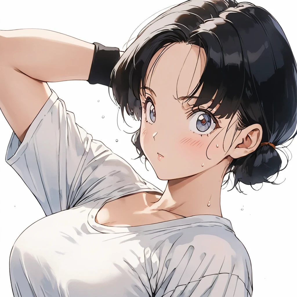 masterpiece, Highest quality, High resolution, (Videl),1990s \(style\),C cup beautiful breasts、height: 160cm,Sweating all over the body,athlete Muscular,sexy,1 girl,solo,Anime-style painting style,black short hair,low twintails hair,center parted swept bangs,forehead,boyish,Big eyes、Cool look,Pointed Eyes,White short sleeve T-shirt,Composition focusing on the upper body,blush,Showing cleavage,Anime-style painting style,,A composition that shows the whole body,Captivating look,Seductively Posing,(white simple background:1.5)