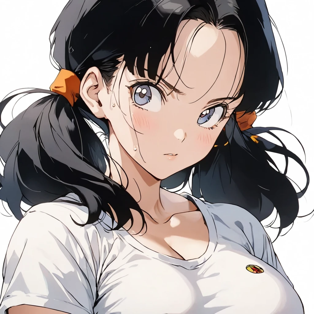 masterpiece, Highest quality, High resolution, (Videl),1990s \(style\),C cup beautiful breasts、height: 160cm,Sweating all over the body,athlete Muscular,sexy,1 girl,solo,Anime-style painting style,black short hair,low twintails hair,center parted swept bangs,forehead,boyish,Big eyes、Cool look,Pointed Eyes,White short sleeve T-shirt,Composition focusing on the upper body,blush,Showing cleavage,Anime-style painting style,,A composition that shows the whole body,Captivating look,Seductively Posing,(white simple background:1.5)