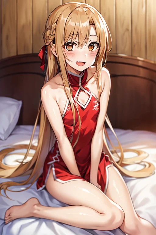 ((Best Quality)), ((masterpiece)), (be familiar with),  perfect face, indoor, bedroom,  watching viewers ,
One woman,  Asuna Yuki,
 characters with open mouth ,  ecstatic expression, blush, smile,
Small breasts,  flat chest, Young girl, Lori,  kids,  girl,
Long Hair,  long hair ,
Leg spread,