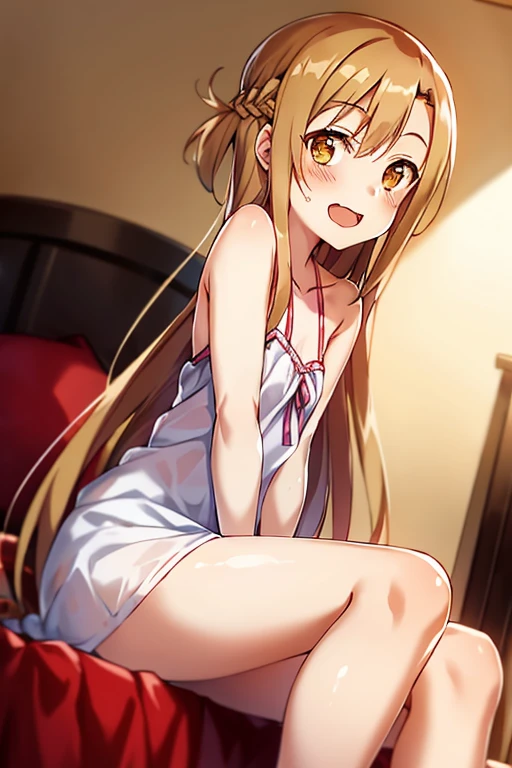 ((Best Quality)), ((masterpiece)), (be familiar with),  perfect face, indoor, bedroom,  watching viewers ,
One woman,  Asuna Yuki,
 characters with open mouth ,  ecstatic expression, blush, smile,
Small breasts,  flat chest, Young girl, Lori,  kids,  girl,
Long Hair,  long hair ,
Leg spread,