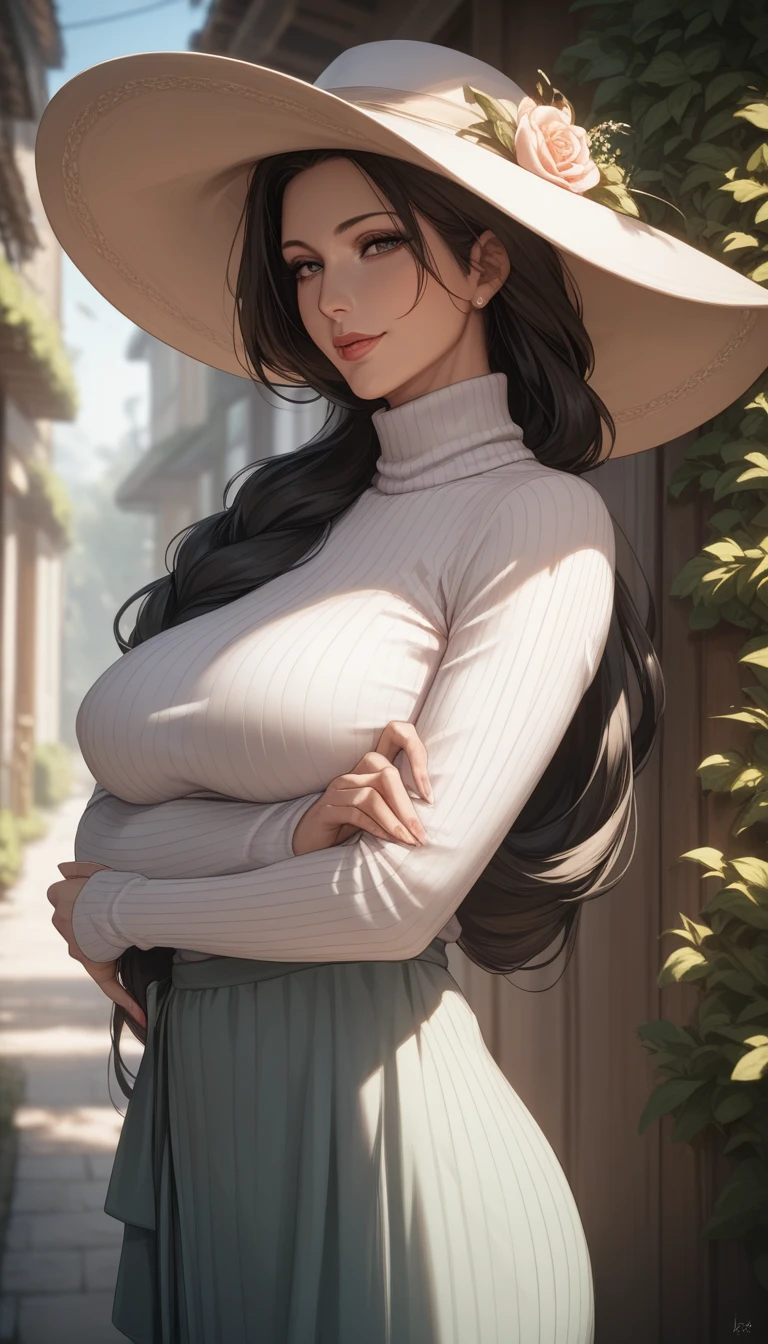 mother, milf, mature female, perfect face, perfect lighting,Black Hair、Straight Hair、Long hair tied in a low position、sexy female, High neck long sleeve white ribbed knit T-shirt(loose)、Long maxi skirt, Sexy, hat, 