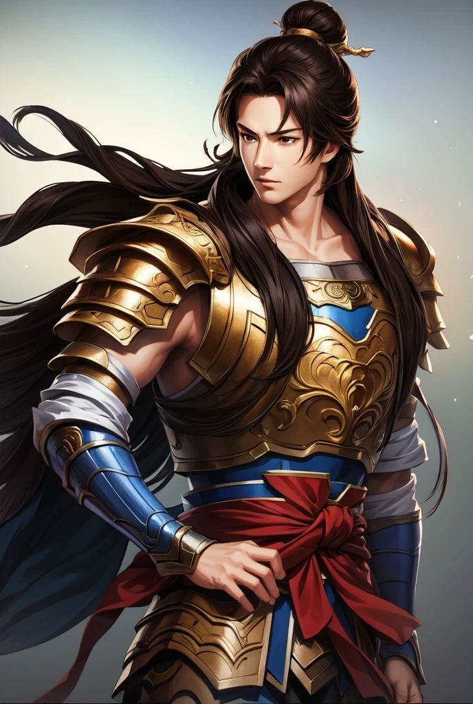 masterpiece, best quality, romance of the three kingdoms, realistic, game cg, watercolor \(medium\), 1boy, simple background, armor, Oriental, with bangs, detailed hair, detailed brown eyes, detailed armor