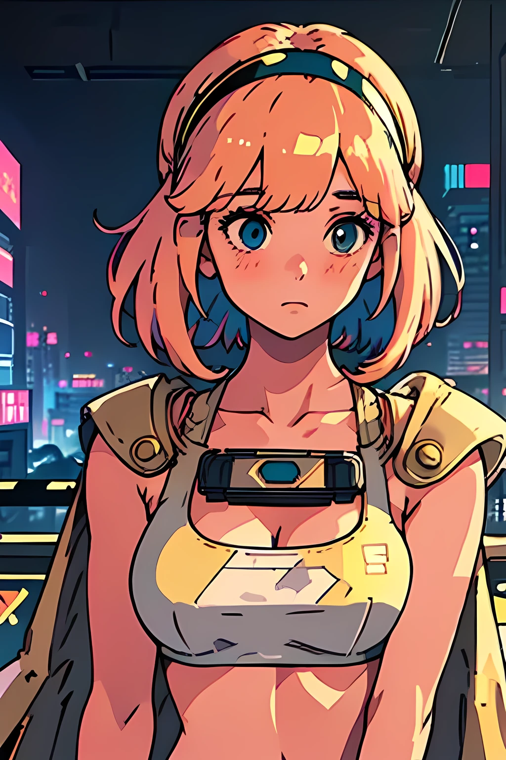 best quality, masterpiece, 1girl, blush, (upper body:1.3), medium hair with bangs, looking down, medium breast, (white bikini with gold accents:1.2), cape, visor, hands down, (residential complex with a view of the cyberpunk city:1.3)