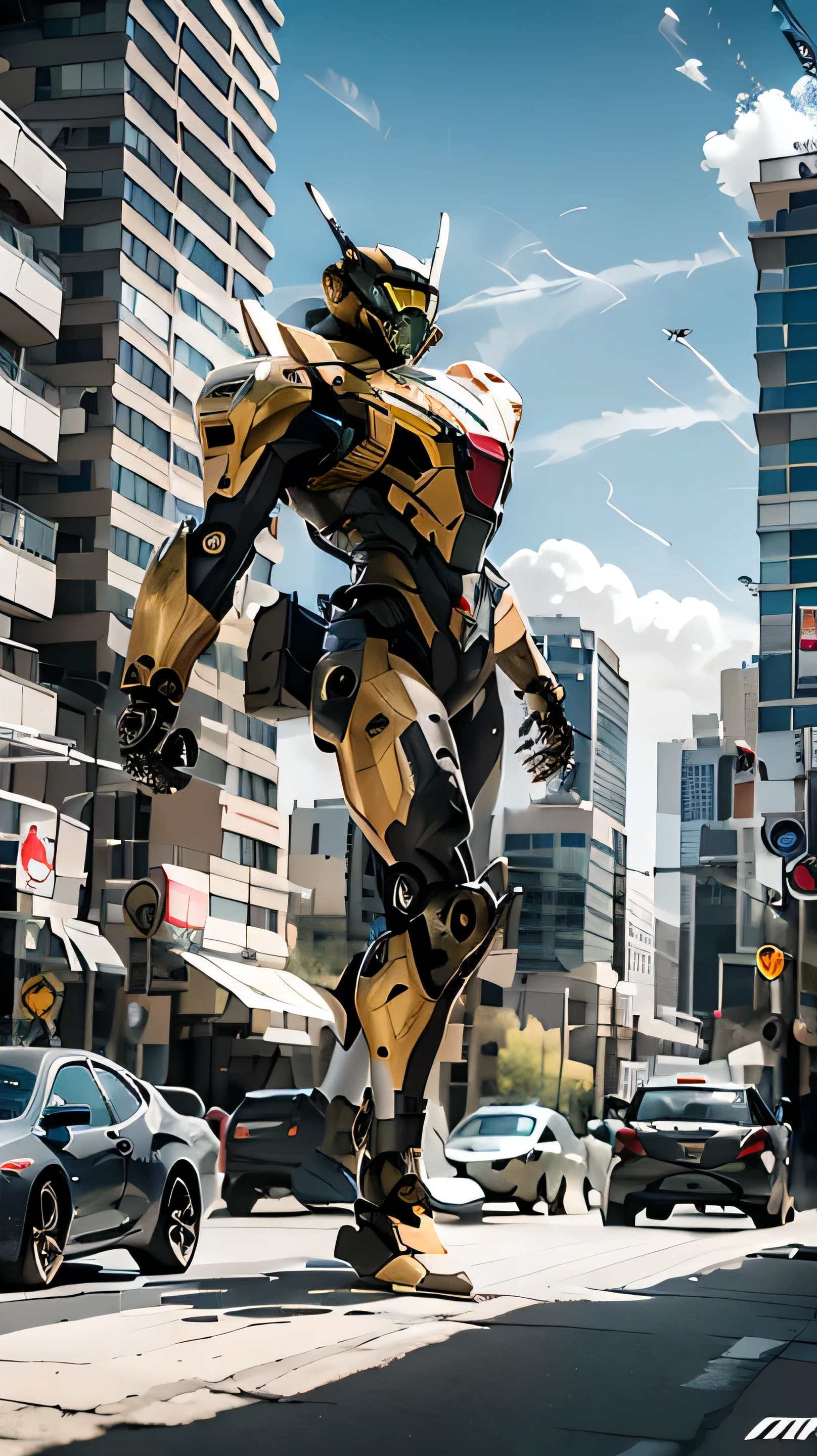 best quality，masterpiece，16k，Giant mecha,Vital Suits,building,Car tire structure feet,car,city,city lights,cityscape,cloud,day,destruction,east asian architecture,ground vehicle,Complex mecha structure,Looking up,Multicolored mecha,Half squat posture,full body,Super complex mechanical structure,mecha,outdoors,radio antenna,realistic,road,ruins,science fiction,skyscraper,street,traffic light