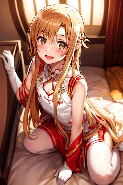 ((Best Quality)), ((masterpiece)), (be familiar with),  perfect face, indoor, bedroom,  watching viewers ,
One woman,  Asuna Yuki,
 characters with open mouth ,  ecstatic expression, blush, smile,
Small breasts,  flat chest, Young girl, Lori,  ,  girl,
Long Hair,  long hair ,
Leg spread,