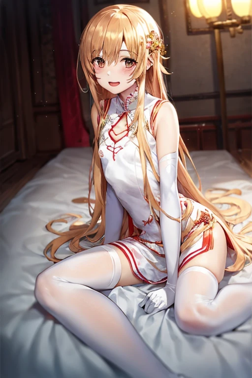 ((Best Quality)), ((masterpiece)), (be familiar with),  perfect face, indoor, bedroom,  watching viewers ,
One woman,  Asuna Yuki,
 characters with open mouth ,  ecstatic expression, blush, smile,
Small breasts,  flat chest, Young girl, Lori,  kids,  girl,
Long Hair,  long hair ,
Leg spread,