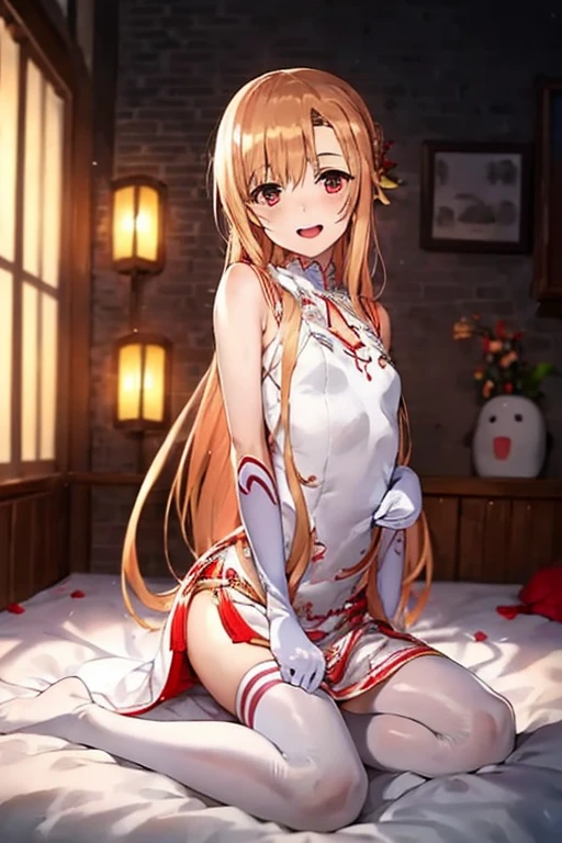 ((Best Quality)), ((masterpiece)), (be familiar with),  perfect face, indoor, bedroom,  watching viewers ,
One woman,  Asuna Yuki,
 characters with open mouth ,  ecstatic expression, blush, smile,
Small breasts,  flat chest, Young girl, Lori,  kids,  girl,
Long Hair,  long hair ,
Leg spread,