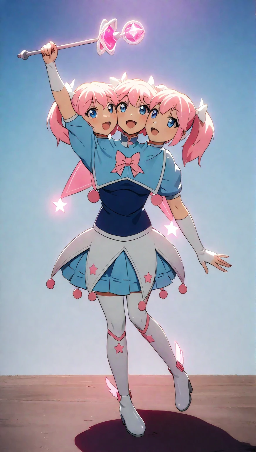 (masterpiece, best quality), best resolution, 16k, full body shot, perspective view, (mahou shoujo, magical girl), 1girl, solo, (three heads: 1.5), young girl, holding a crystal magic wand, clean thick and thin lines, (magical girl style), twin tails, ribbons, shine sparkles, glow, (magical effects, star sparkles), wings on shoes, anime cinematic, soft lighting, vibrant colors, soft colors, digital painting, highly detailed, (bright lighting, detailed shadow), standing on the floor, blue sky, school building background