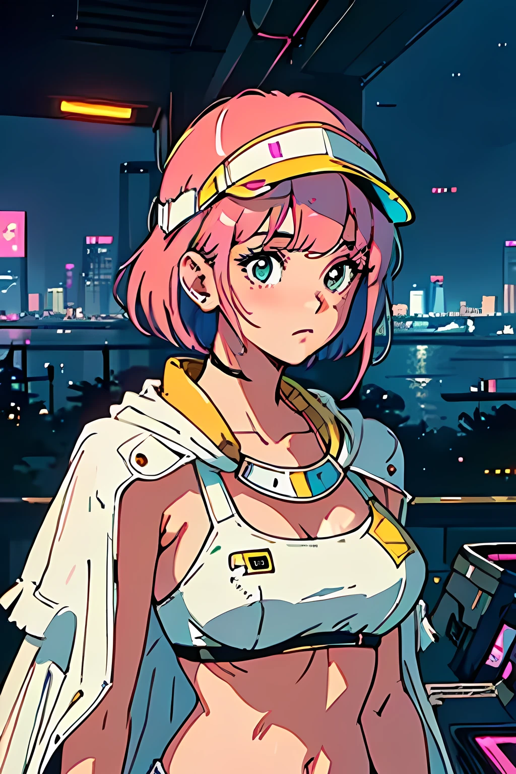 best quality, masterpiece, 1girl, blush, (upper body:1.3), medium hair with bangs, looking down, medium breast, (white bikini with gold accents:1.2), cape, visor, hands down, (residential complex with a view of the cyberpunk city:1.3)