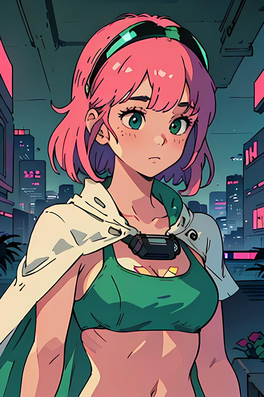 best quality, masterpiece, 1girl, blush, (upper body:1.3), medium hair with bangs, looking down, medium breast, (green bikini with white accents:1.2), cape, visor, hands down, (residential complex with a view of the cyberpunk city:1.3)