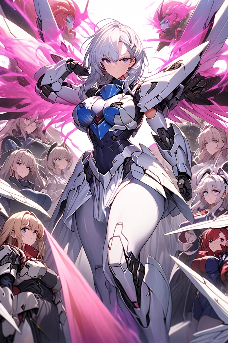 Anime, high detailed, multiple womans, mature womans, mecha armor, large mechanical wings, large Gauntlet, serious, curvy body, long mechanical wings, mecha weapons、Colored armors、magenta Colored aura、BLUE Eyes, elongated pupils,  Mature Woman、magenta aura、womans surrounding, all woman's picture, background the sideral space 