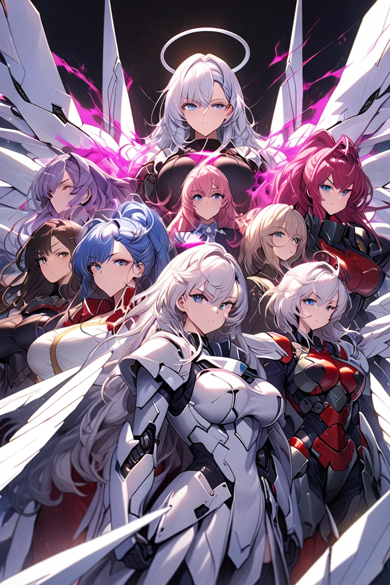 Anime, high detailed, multiple womans, mature womans, mecha armor, large mechanical wings, large Gauntlet, serious, curvy body, long mechanical wings, mecha weapons、Colored armors、magenta Colored aura、BLUE Eyes, elongated pupils,  Mature Woman、magenta aura、womans surrounding, all woman's picture, background the sideral space 