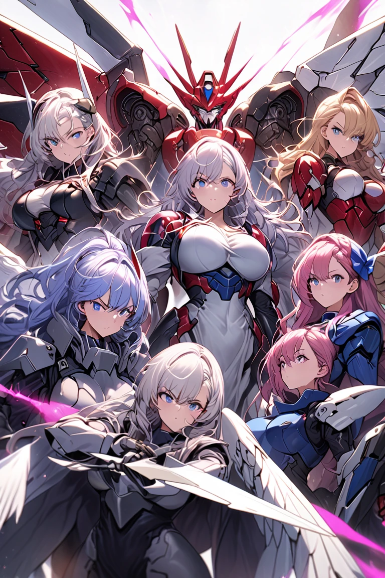 Anime, high detailed, multiple womans, mature womans, mecha armor, large mechanical wings, large Gauntlet, serious, curvy body, long mechanical wings, mecha weapons、Colored armors、magenta Colored aura、BLUE Eyes, elongated pupils,  Mature Woman、magenta aura、womans surrounding, all woman's picture, background the sideral space 