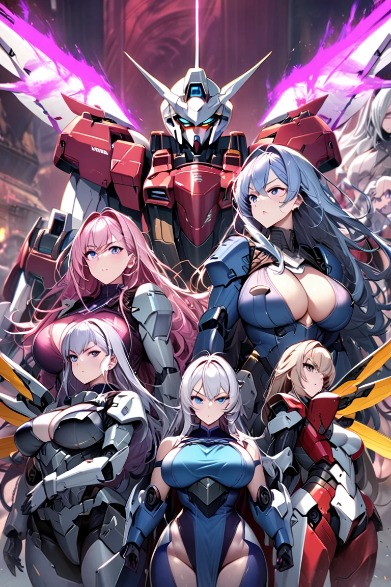 Anime, high detailed, multiple womans, mature womans, mecha armor, large mechanical wings, large Gauntlet, serious, curvy body, long mechanical wings, mecha weapons、Colored armors、magenta Colored aura、BLUE Eyes, elongated pupils,  Mature Woman、magenta aura、womans surrounding, all woman's picture, background the sideral space 