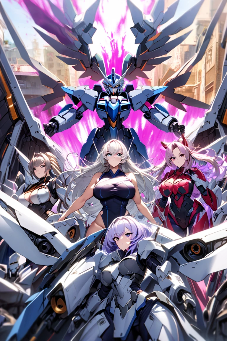 Anime, high detailed, multiple womans, mature womans, mecha armor, large mechanical wings, large Gauntlet, serious, curvy body, long mechanical wings, mecha weapons、Colored armors、magenta Colored aura、BLUE Eyes, elongated pupils,  Mature Woman、magenta aura、womans surrounding, all woman's picture, background the sideral space 