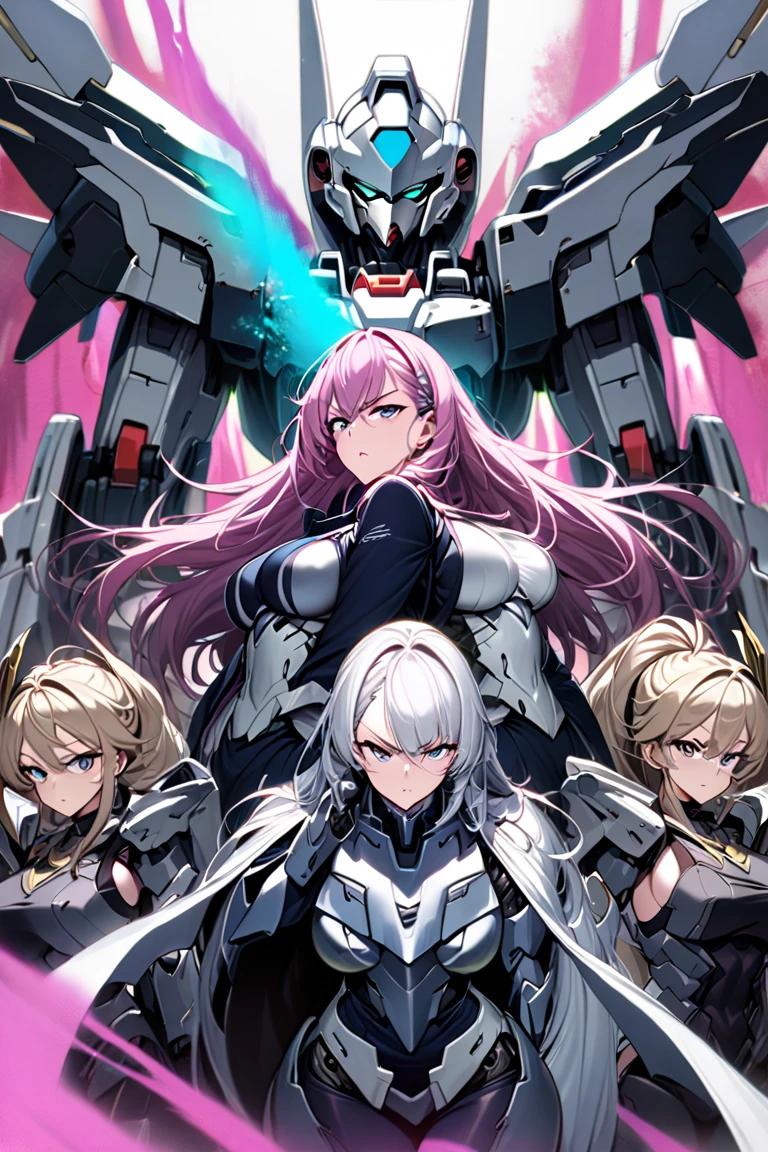 Anime, high detailed, multiple womans, mature womans, mecha armor, large mechanical wings, large Gauntlet, serious, curvy body, long mechanical wings, mecha weapons、Colored armors、magenta Colored aura、BLUE Eyes, elongated pupils,  Mature Woman、magenta aura、womans surrounding, all woman's picture, background the sideral space 