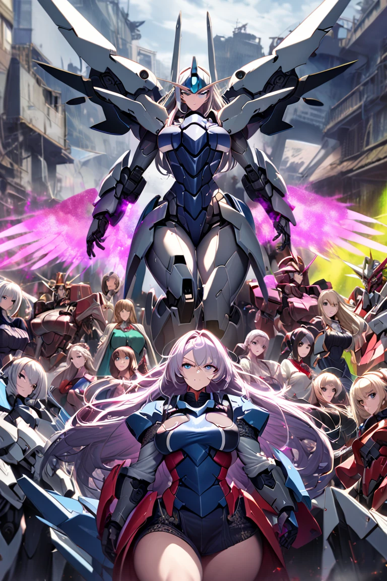 Anime, high detailed, multiple womans, mature womans, mecha armor, large mechanical wings, large Gauntlet, serious, curvy body, long mechanical wings, mecha weapons、Colored armors、magenta Colored aura、BLUE Eyes, elongated pupils,  Mature Woman、magenta aura、womans surrounding, all woman's picture, background the sideral space 