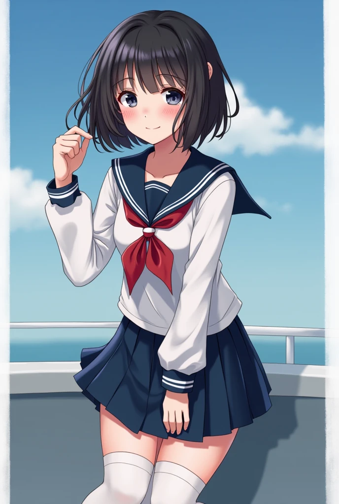 masterpiece, best quality,Super detailed, fine details, High resolution, 8K,wall paper, perfect dynamic composition,(Details High quality, realistic depiction of eyes:1.3), young Japanese,droopy eyes,High school girl,Navy sailor uniform,long sleeve,Navy Skirt,White high socks, black short hair,Big Natural Color Lip, bold sexy pose, (perfect body shape),cute type, beautiful legs, smile