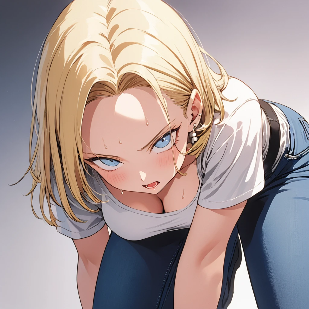 masterpiece, Best Quality, High resolution,16k,super detailed skin, (android 18),1990s \(style\),(E-cup beautiful breasts), (tall:1.2),height: 170cm,Fashion model body type,Sweating all over the body,{{muscular}}、1 girl,solo、(nsfw), blonde, blue eyes, (White T-shirt,jeans,black vest:1.5),Pearl_necklace, bracelet,{{ Short slicked back hair}},Earrings,(Cool face)、(Pointed Eyes),Big eyes,blush,cleavage,Anime-style painting style,,A composition that shows the whole body,Captivating look,BREAK(white simple background),cinematic lighting,superfine,dynamic angle,(sexy,ahegao,vulgarity:1.2),closeup