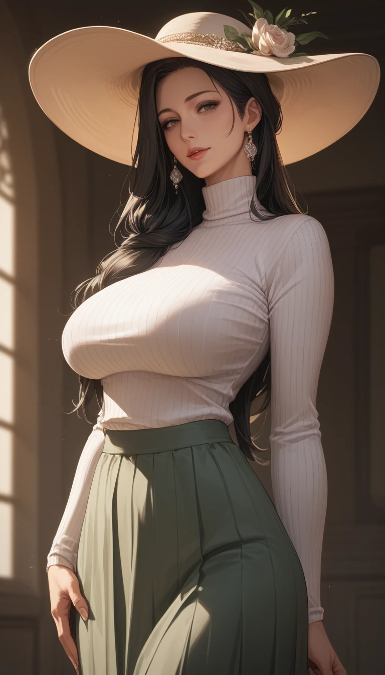 mother, milf, mature female, perfect face, perfect lighting,Black Hair、Straight Hair、Long hair tied in a low position、sexy female, High neck long sleeve white ribbed knit T-shirt(loose)、Long maxi skirt, Sexy, hat, 