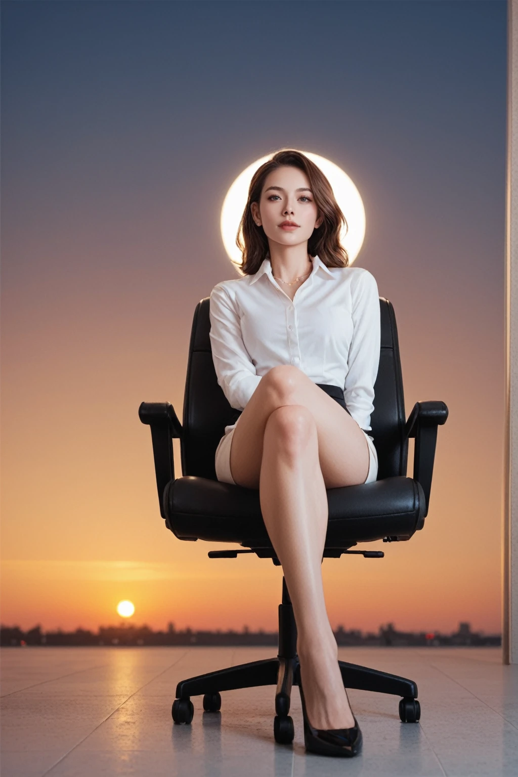  score_9,  score_8_up,  score_7_up, woman,  Office Lady Overlapping the Sunset , short white skirt, full body,  Had,  Brown Hair ,  sit on a chair,   Cross Legs, From below