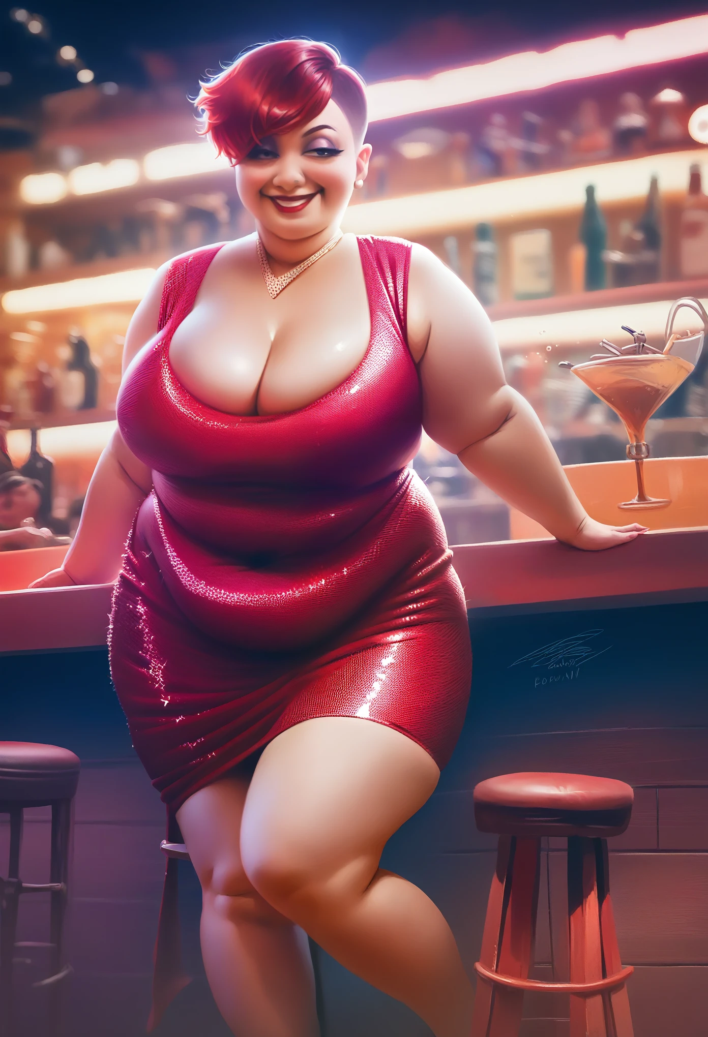 One obese girl, heavy dark makeup, tight cocktail dress, sequins on dress, necklace in cleavage, one bare leg, breast outline,, covered belly, big smile, (), red colored hair, (fat:1.2), extravagant hair style, (), detailed light and shadow, volumetric lighting, Jessica Rabbit (very large breasts:1.3), ((drunk emotions)) red dress, , volumetric lighting, cinematic composition, highly detailed, photorealistic, 8k, best quality, masterpiece, long full breasts (at night in a bar) (very short hair:1.5), (pixie cut:1.2) (normal legs:1.2), (double chin:1.2)