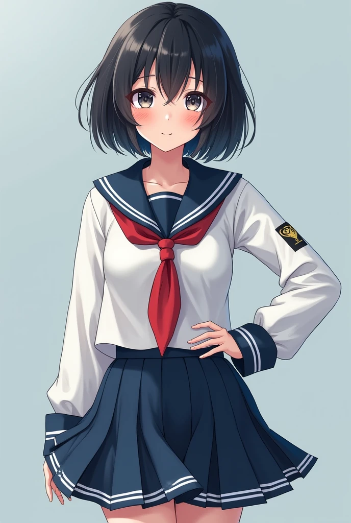 masterpiece, best quality,Super detailed, fine details, High resolution, 8K,wall paper, perfect dynamic composition,(Details High quality, realistic depiction of eyes:1.3), young Japanese,droopy eyes,High school girl,Navy sailor uniform,long sleeve,Navy Skirt,White high socks, black short hair,Big Natural Color Lip, bold sexy pose, (perfect body shape),cute type, beautiful legs, smile